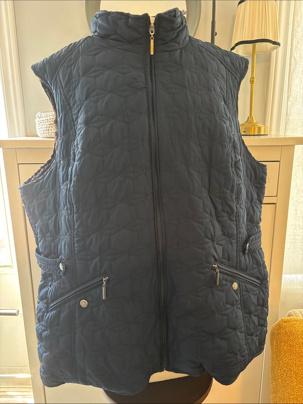 Weatherproof Quilted Navy Sleeveless Puffer Vest faux fur lined